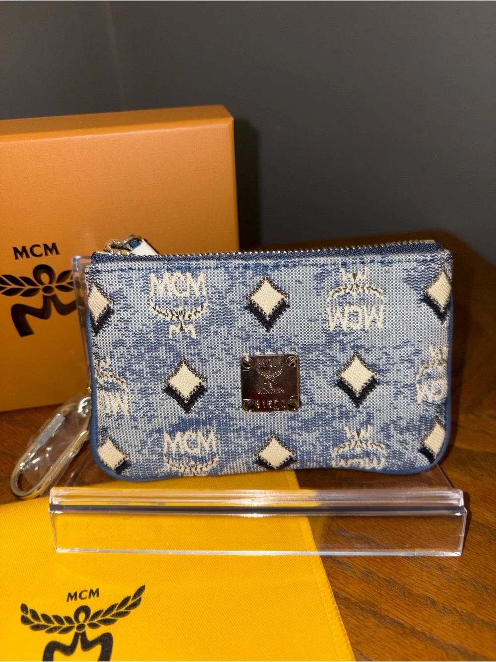 MCM Aren Zip Card Case Monogram Denim Jacquard Blue - Authentic